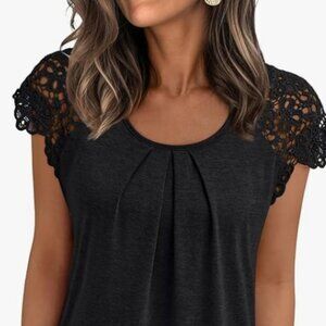 Womens Lace Tops Pleated Short Sleeve Shirt XL Black